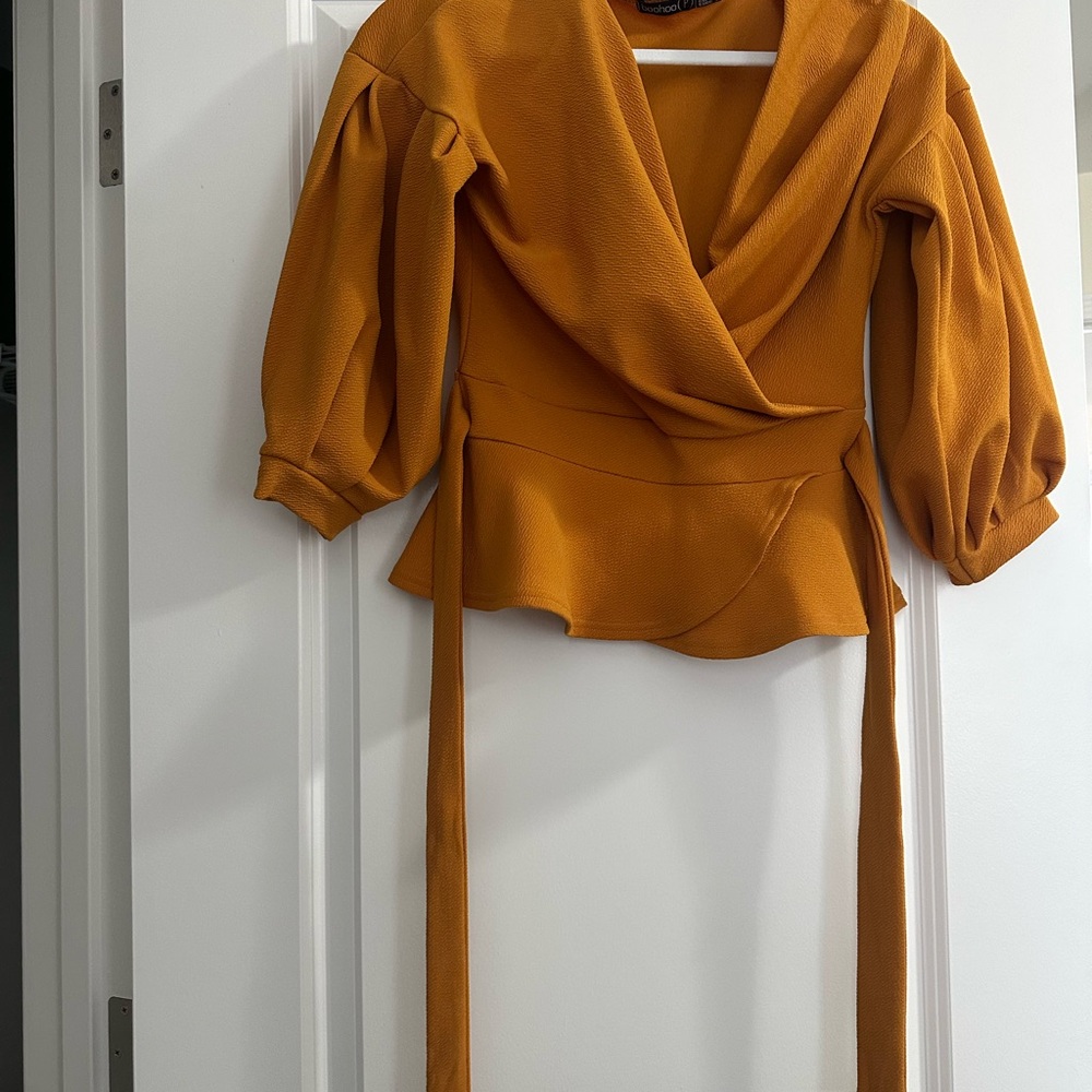 Boohoo Mustard Wrap Blouse